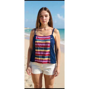 Nike swim tankini top racerback swimsuit women's sz m beach multicolor navy nwt